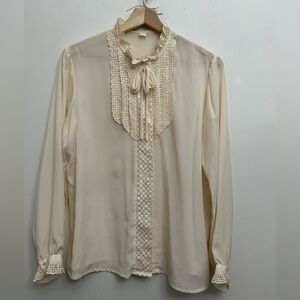 Vintage Victorian Edwardian Ivory Prairie Lace trim Long Sleeve Ruffle Blouse